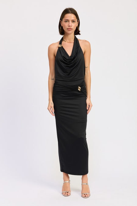 MAXI RUCHED KNITSKIRT WITH GOLD TRIM