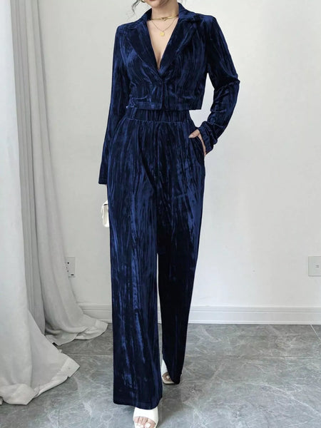 Pleated Velvet Blazer & Wide Leg Pants Set