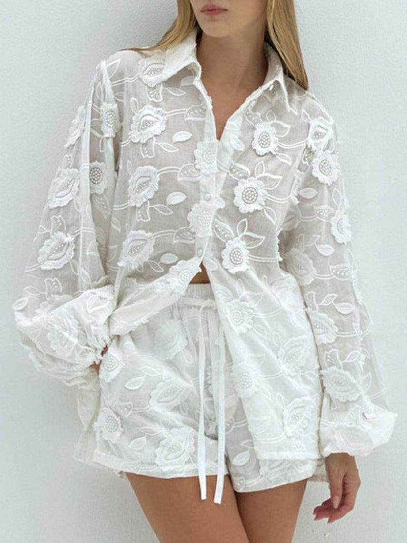 Floral Embroidered Shirt and Shorts Set