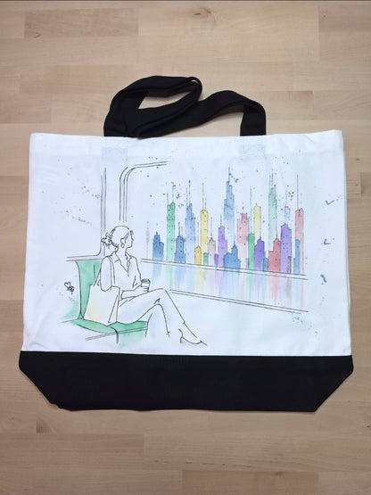 Between Stops — Hand-Painted Canvas Tote