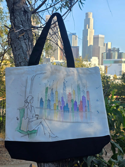 Between Stops — Hand-Painted Canvas Tote